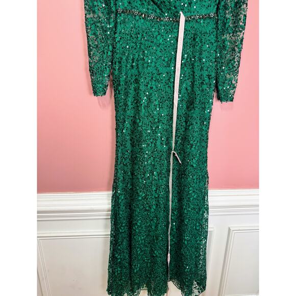 Mac Duggal Embellished Wrap Over Long Sleeve Gown Green Style 68016 Size 6 - Picture 4 of 9